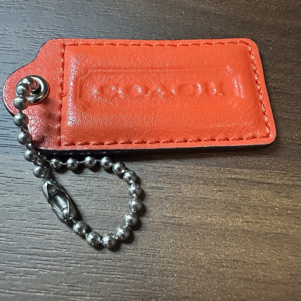 Genuine Coach Orange Leather Hang Tag With Chain Bag Charm Fob Replacement 2.25"